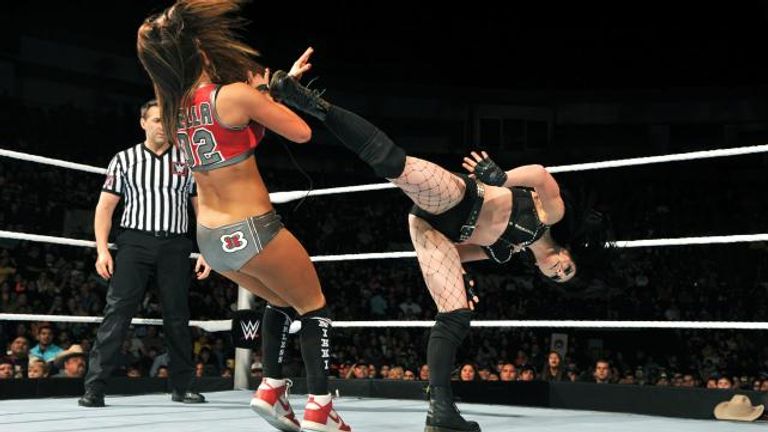 Paige kicking Nikki Bella