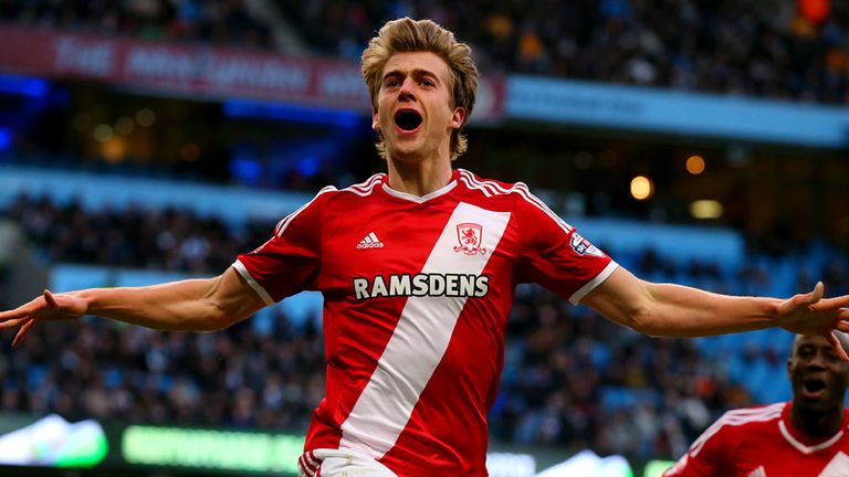 Patrick Bamford of Middlesbrough celebrates after scoring the opening goal against Manchester City