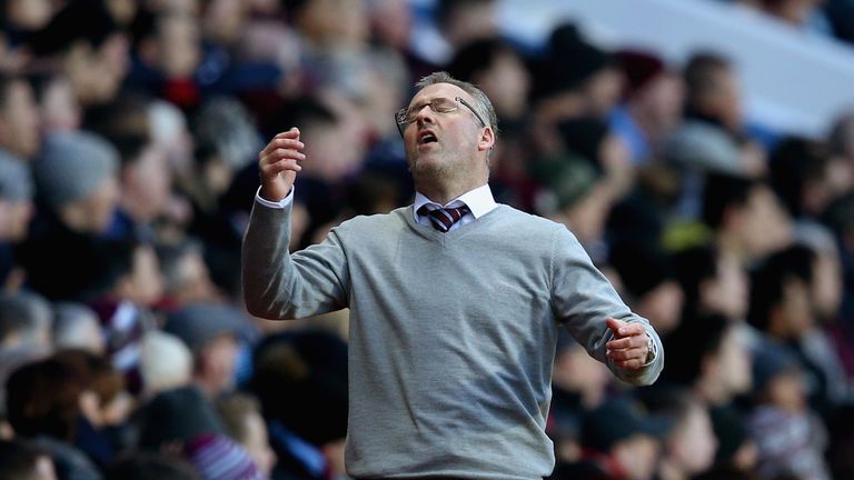 BIRMINGHAM, ENGLAND - JANUARY 17:  Manager Paul Lambert of Aston Villa reacts during the Barclays Premier League match between Aston Villa and Liverpool