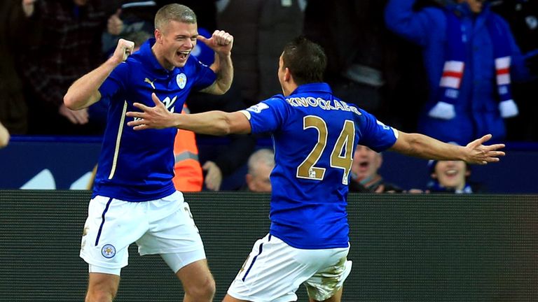Leicester City's Paul Konchesky (left) celebrates scoring the winner alongside team-mate Anthony Knockaert