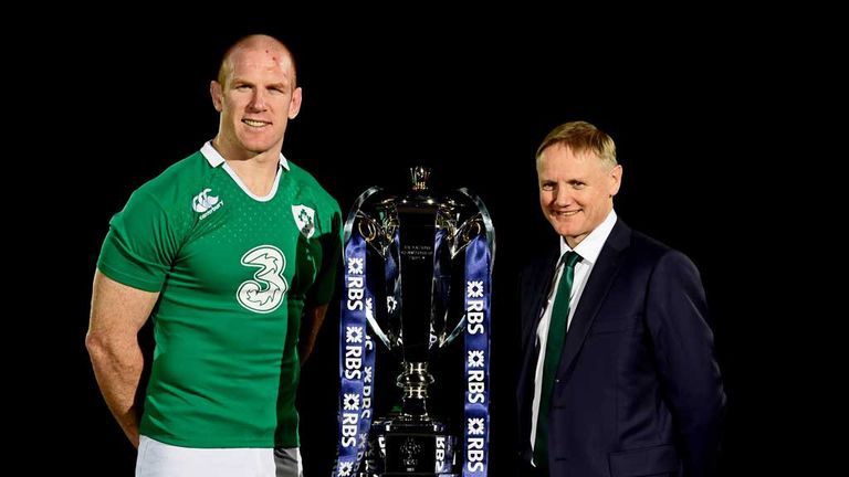 Ireland captain Paul O'Connell and coach Joe Schmidt with the Six Nations trophy