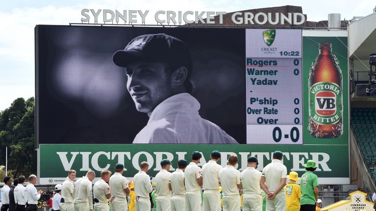 A photo of the late Australian batsman Phil Hughes is displayed on a scoreboard before play on the first day of the fourth cricket Test match.