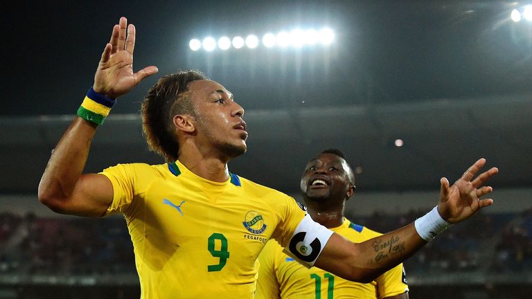 Gabon's forward Pierre-Emerick Aubameyang celebrates after scoring a goal during the 2015 African Cup of Nations group A football match v Burkina Faso