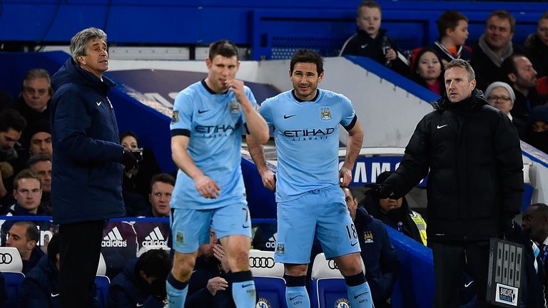 LONDON, ENGLAND - JANUARY 31: Frank Lampard of Manchester City (2R) comes on as a substitute during the Barclays Premier League match between Chelsea and M