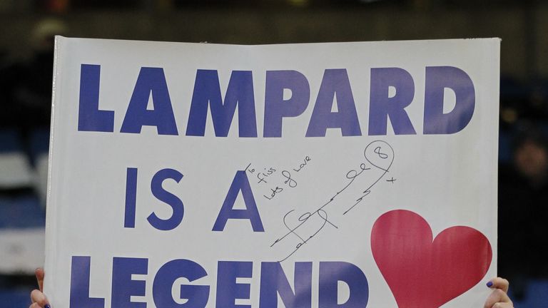A Chelsea fan holds up a banner Frank Lampard who now plays for Manchester City ahead of the match between Chelsea and Manchester City