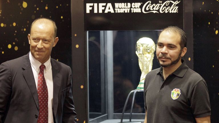 Former Argentinian footballer and international coach Gabriel Calder (L) and Jordanian Prince Ali Bin al-Hussein, FIFA vice-president