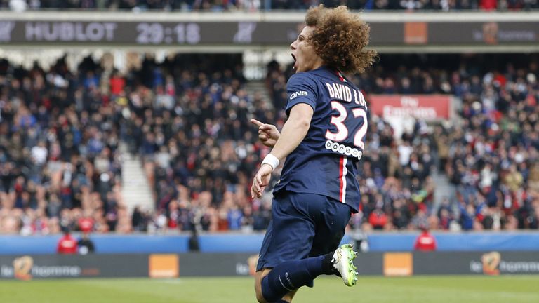 Paris Saint-Germain's Brazilian defender David Luiz celebrates after scoring