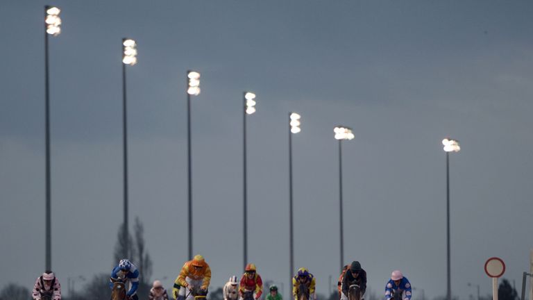 Invigilator ridden by Patrick Mathers (second left) goes on to win the Fulton's Restaurant Handicap Stakes at Chelmsford City racecourse.