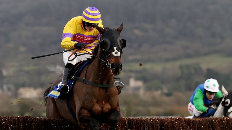 Mon Parrain ridden by Sean Bowen on their way to victory in the BetBright On Mobile Handicap Steeple chase at Cheltenham Racecourse, Cheltenham.