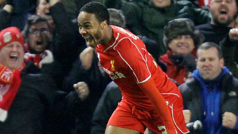 Raheem Sterling celebrates after scoring against Chelsea in the Capital One Cup semi-final first leg