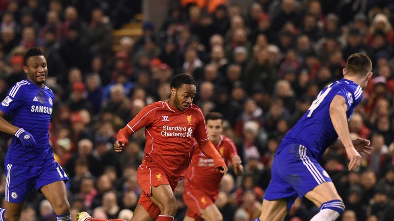 Raheem Sterling breaks through into the area to score an equalising goal for Liverpool against Chelsea