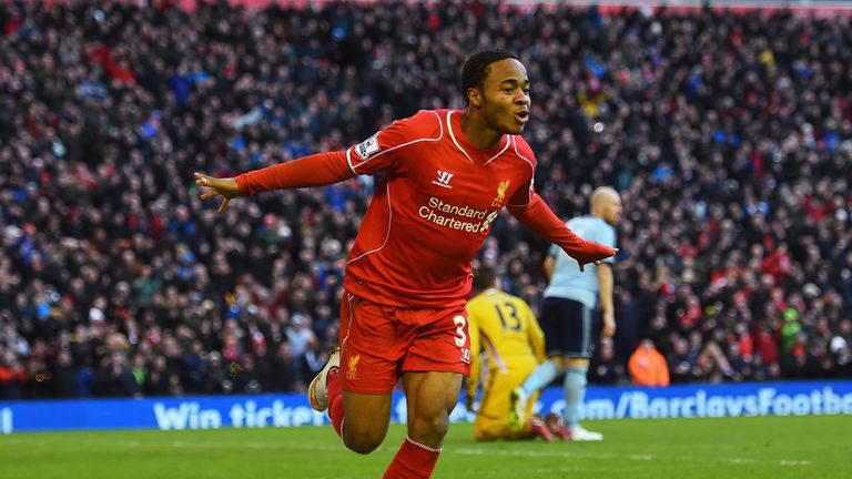 Raheem Sterling of Liverpool celebrates scoring the opening goal during the Barclays Premier League match v West Ham at Anfield
