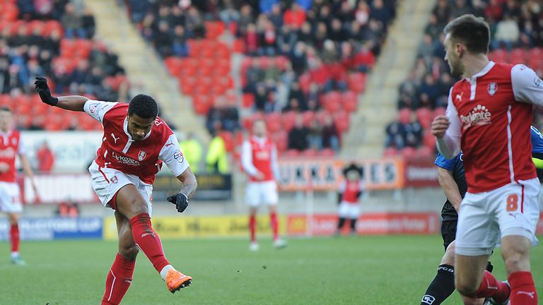 Rotherham United's Richard Brindley scores the opening goal during the FA Cup Third Round match at the AESSEAL New York Stadium, Rotherham.