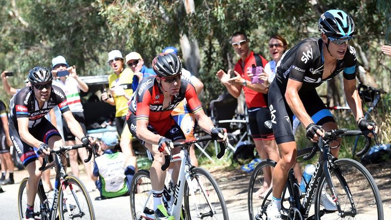 Richie Porte leads Cadel Evans and Tom Dumoulin on stage three of the 2015 Tour Down Under