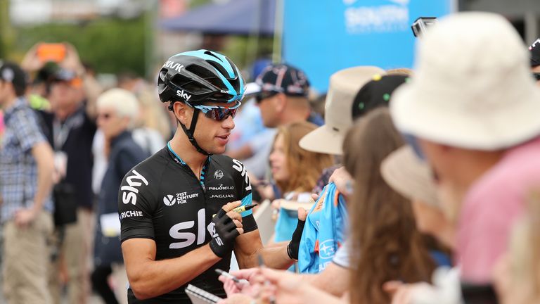 Richie Porte of Australia and Team Sky signs a shirt for spectators before the start of stage 2 of the 2015 Santos Tour Down Under