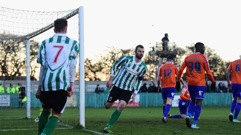 BLYTH, ENGLAND - JANUARY 03:  Blyth player Robert Dale celebrates after scoring the opening goal during the FA Cup Third Round match between Blyth Spartans