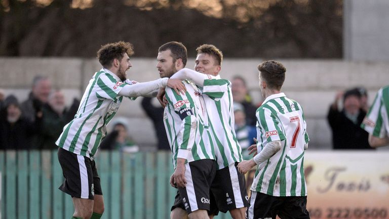 Blyth Spartans' Robert Dale (second left) celebrates scoring second goal of game during FA Cup Third Round match v Birmingham City at Croft Park, Blyth