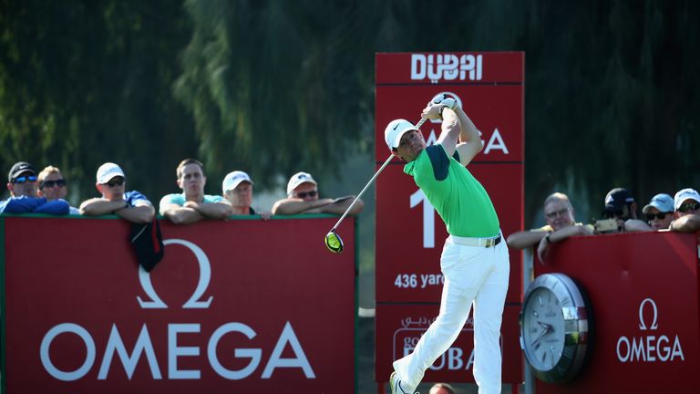 Rory McIlroy tees off on the 14th hole during the first round of the Omega Dubai Desert Classic