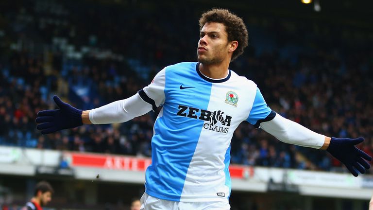 Rudy Gestede of Blackburn celebrates after scoring against Blackburn