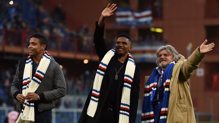 GENOA, ITALY - JANUARY 25: Luis Muriel (L), Samuel Eto'o (C) and Massimo Ferrero (R), President of Sampdoria, greet supporters after the Serie A match betw