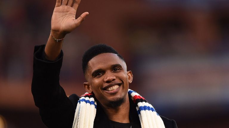 Samuel Eto'o greets supporters after the Serie A match between UC Sampdoria and US Citta di Palermo