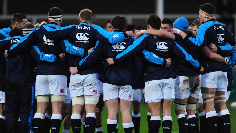 GLOUCESTER, ENGLAND - JANUARY 25:  The England Saxon team lines up before the International friendly between England Saxons and O2 Ireland Wolfhounds at Ki