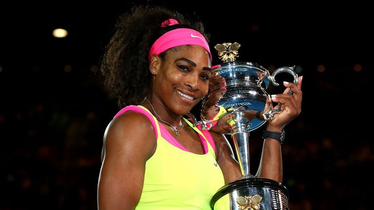 Serena Williams lifts the Australian Open trophy after her victory over Maria Sharapova in the 2015 final