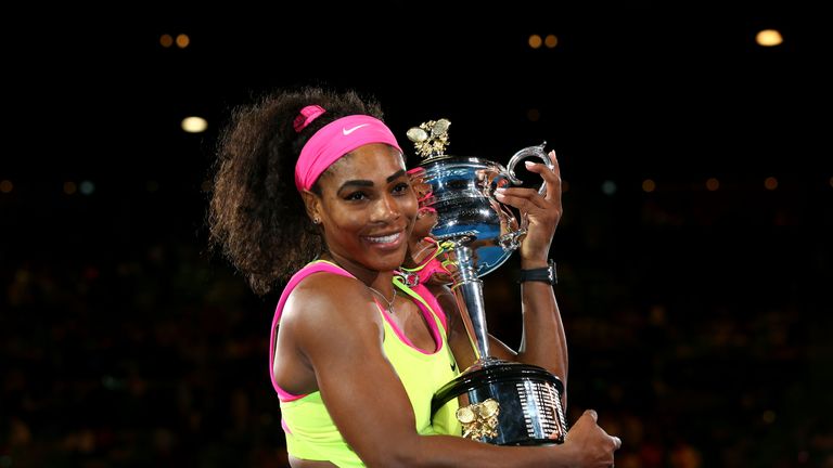 Serena Williams  holds the Daphne Akhurst Memorial Cup after winning the women's final match against Maria Sharapova 
