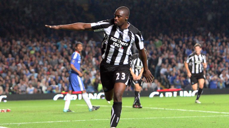 Shola Ameobi celebrates after he scored Newcastle's fourth goal against Chelsea in 2010/11 League Cup.