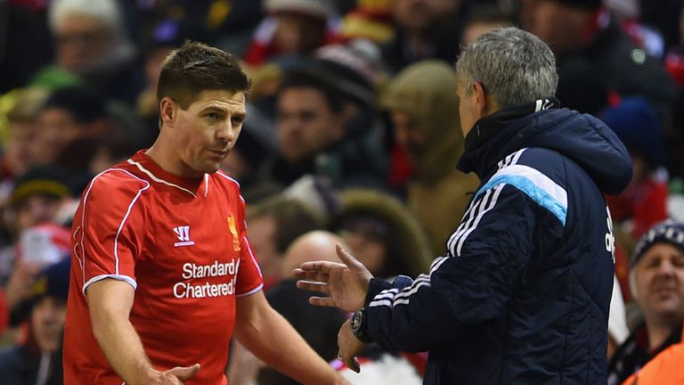 LIVERPOOL, ENGLAND - JANUARY 20:  Steven Gerrard of Liverpool shakes hands with Jose Mourinho manager of Chelsea as he is substitued during the Capital One