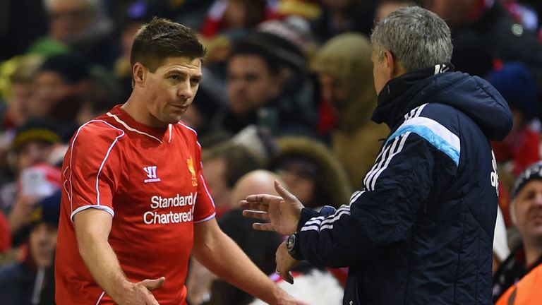 Steven Gerrard of Liverpool shakes hands with Jose Mourinho manager of Chelsea