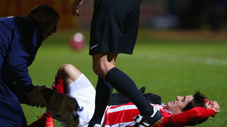 ROCHDALE, ENGLAND - JANUARY 26:  Bojan Krkic of Stoke City receives treatment during the FA Cup fourth round match between Rochdale and Stoke City