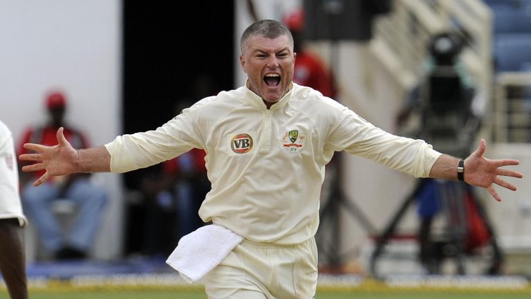 Australia bolwer Stuart MacGill celebrates after he gets a wicket on West Indies Daren Powell  during the 2008 Digicel Home Series at Sabina Park in Kingst
