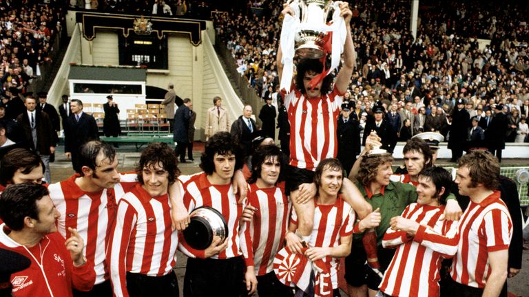 Sunderland captain Bobby Kerr held aloft by his teammates Billy Hughes and goalkeeper Jim Montgomery after their FA Cup Final victory against Leeds in 1973