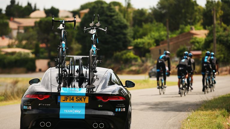 Team SKY train with their new Jagaur team car during the second rest day of the 2014 Tour de France