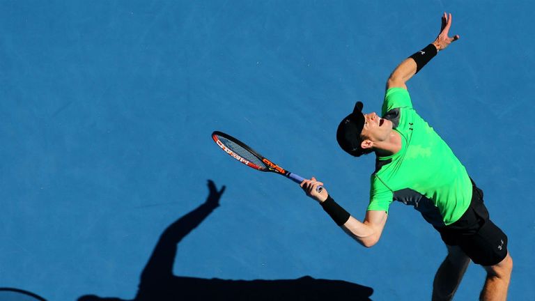 Andy Murray serves in his third round match against Joao Sousa at the 2015 Australian Open