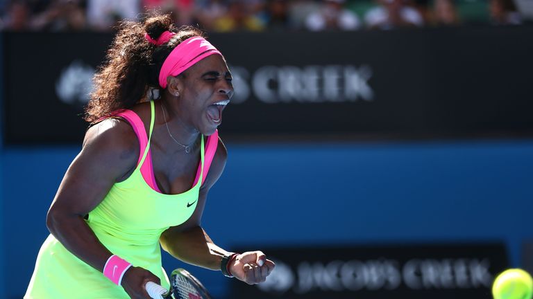 Serena Williams of the United States celebrates winning her semifinal match against Madison Keys of the United States 