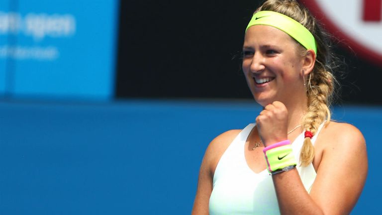 Victoria Azarenka celebrates winning her first round match against Sloane Stephens during day two of the 2015 Australian Open
