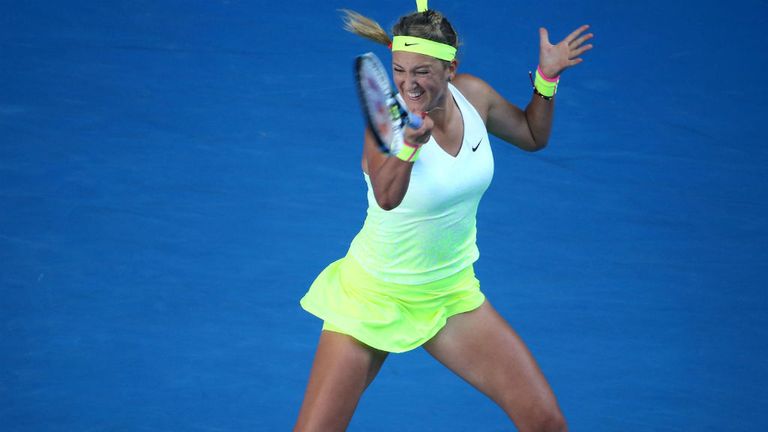 Victoria Azarenka plays a forehand in her third round match against Barbora Zahlavova Strycova at the 2015 Australian Open