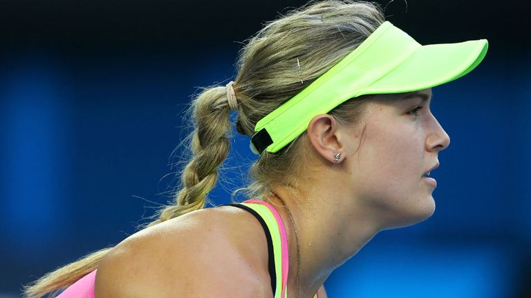Eugenie Bouchard plays a backhand in her match against Kiki Bertens during the 2015 Australian Open