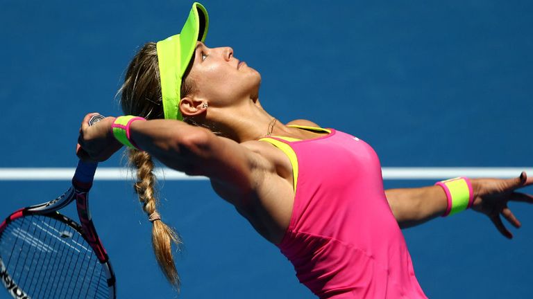 Eugenie Bouchard serves in her third round match against Caroline Garcia during day five of the 2015 Australian Open