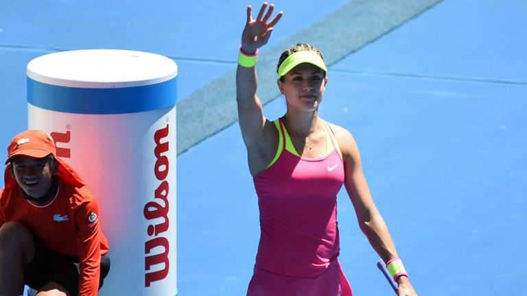Eugenie Bouchard celebrates her victory over Caroline Garcia in their match at the 2015 Australian Open