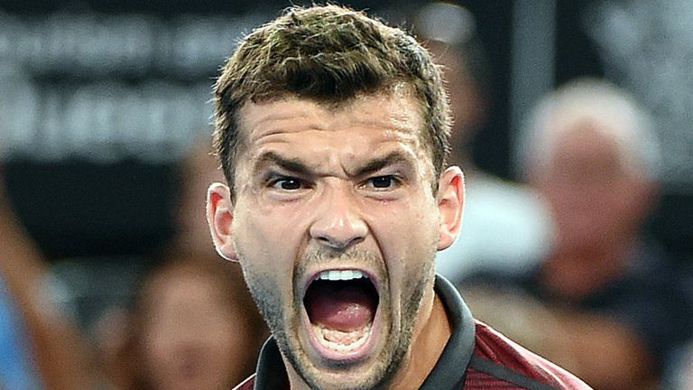 Grigor Dimitrov celebrates his victory over Jeremy Chardy in their men's singles match at the Brisbane International