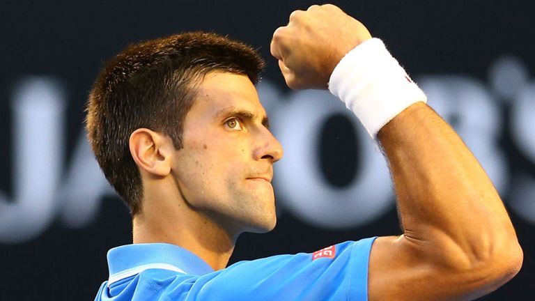 Novak Djokovic celebrates winning the first set in his third round match against Fernando Verdasco during the 2015 Australian Open