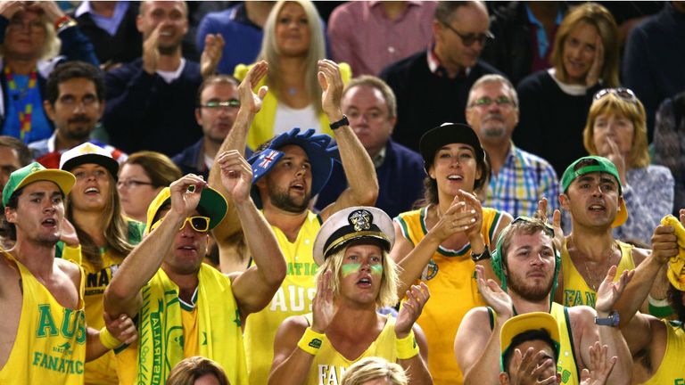 Australian fanatics supporter group watch Nick Kyrgios of in his quarter-final match against Andy Murray