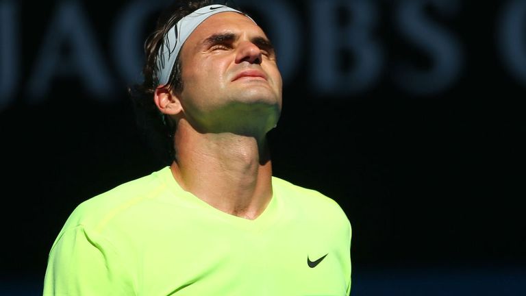 Roger Federer reacts in his third round match against Andreas Seppi during day five of the 2015 Australian Open