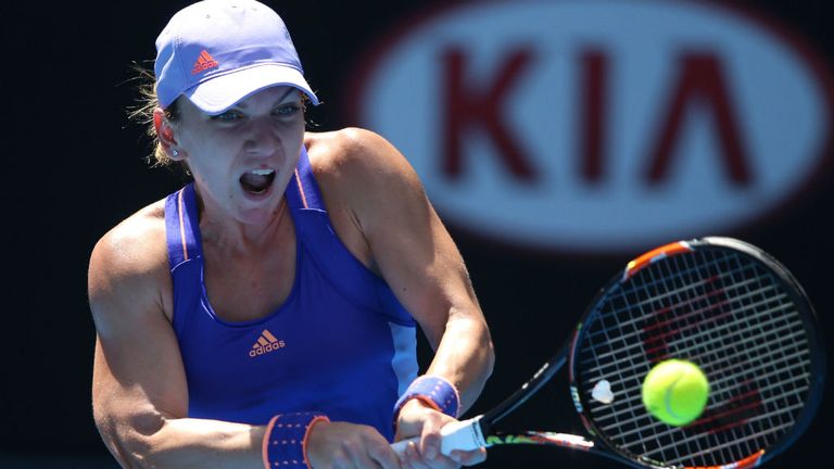 Simona Halep plays a backhand in her third round match against Bethanie Mattek-Sands during the 2015 Australian Open