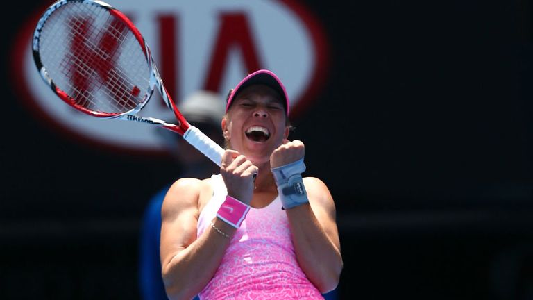 Lucie Hradecka celebrates winning her first round match against Ana Ivanovic during day one of the 2015 Australian Open