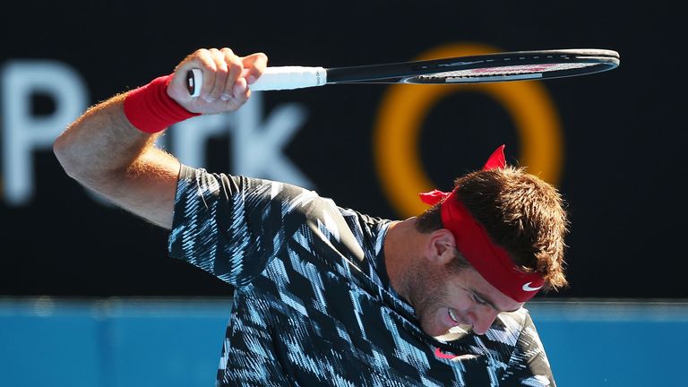 Juan Martin Del Potro of Argentina reacts after losing a point in his quarter final match against Mikhail Kukushkin 