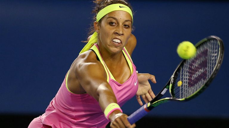 Madison Keys plays a forehand in her third round match against Petra Kvitova at the 2015 Australian Open